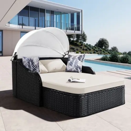 Whisen Outdoor Sunbed with Adjustable Canopy, Double lounge, PE Rattan Daybed image {11}