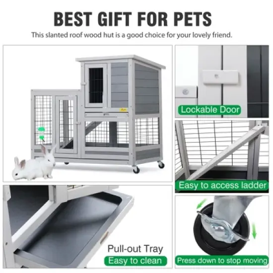Sandinrayli Indoor Outdoor Rabbit Hutch on Wheels, Rolling Large Bunny Cage with Removable Tray, Ramp, Grey image {3}