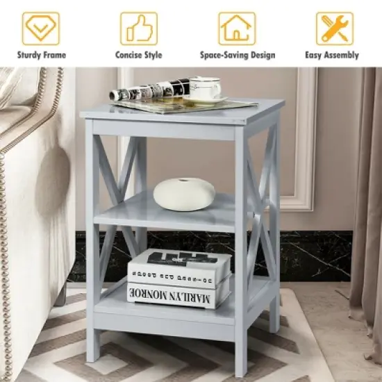 Costway 3-Tier Nightstand End Table X Design Storage Display Shelf Living Room Grey image {7}
