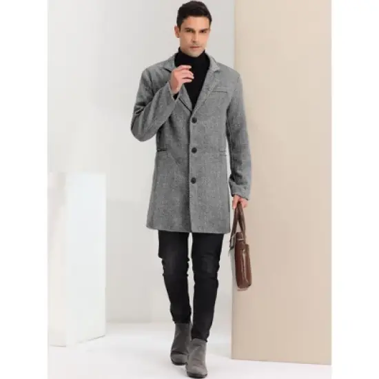 Lars Amadeus Men's Regular Fit Notched Lapel Single Breasted Herringbone Overcoat image {2}