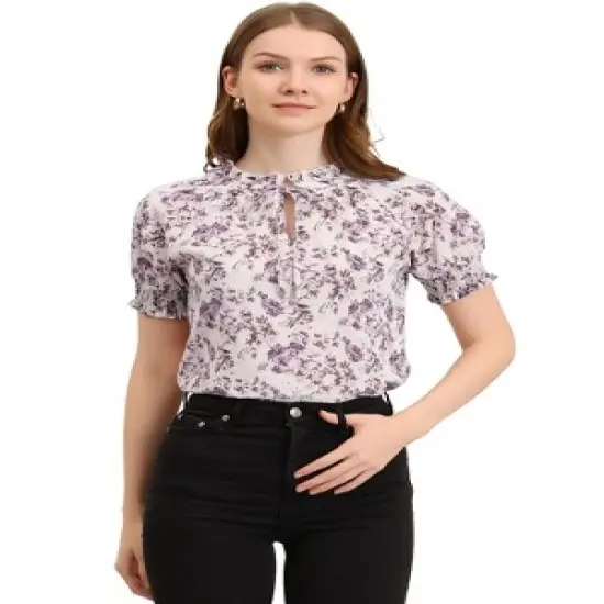 Allegra K Women's Ruffle Tie V Neck Casual Smocked Short Sleeve Floral Top Blouse image {9}