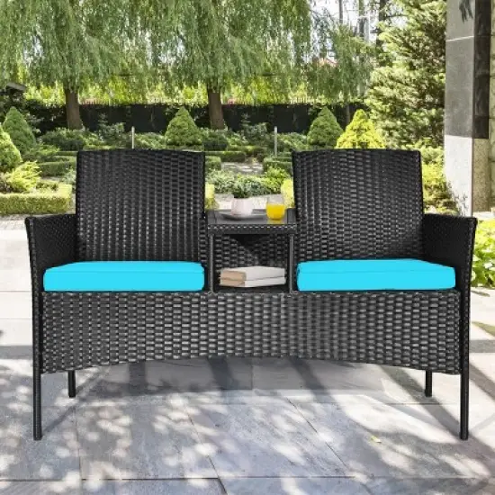 Tangkula Outdoor Rattan Furniture Wicker Patio Conversation Chair W/Cushions Turquoise image {2}