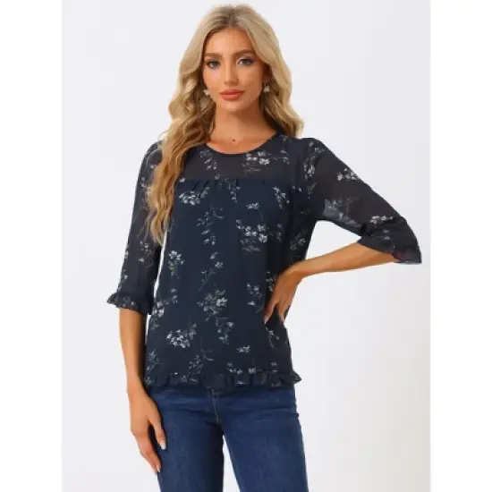 Allegra K Women's Casual Round Neck Ruffle 3/4 Sleeve Floral Print Chiffon Blouse image {2}