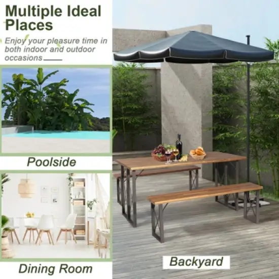 Tangkula 3 Piece Patio Picnic Table Bench Set, Outdoor Camping Table Set w/ Acacia Wood Tabletop & Seat 2&rdquo; Umbrella Hole image {5}