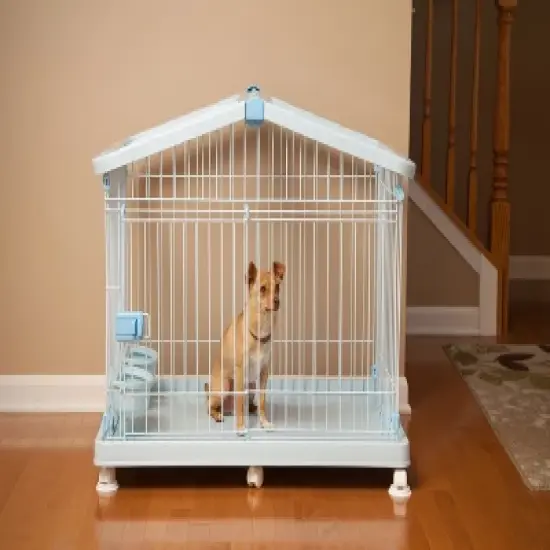 IRIS USA Small Wire Animal House with Food and Water Dishes, Blue image {3}