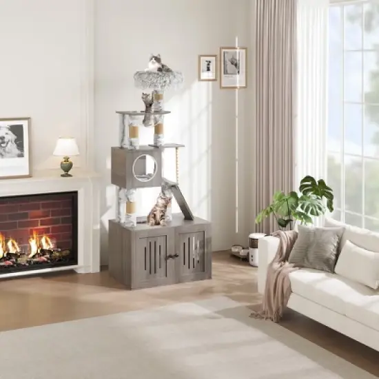 66.9in Cat Tree Tower with Litter Box Enclosure Condo with Perch & Scratching Posts, Plush Nest, Multi-Tier Play & Rest image {7}