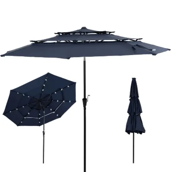 Sunnydaze 3-Tier Outdoor Patio Umbrella with Polyester Canopy, Solar LED Lights, Push Button Tilt and Crank - 10' - Navy image {12}