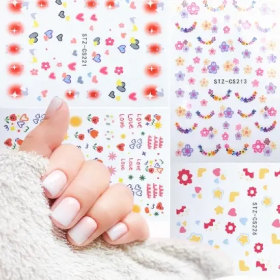 Unique Bargains Self-Adhesive Heart Floral Pattern Nail Art Stickers Pink Yellow 4 Pcs image {3}