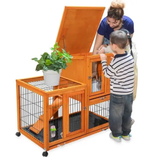 Sandinrayli Rabbit Hutch Indoor Outdoor Bunny Cage 39" L Large 2-Story Wooden Small Animal House Enclosure with Wheels image {16}