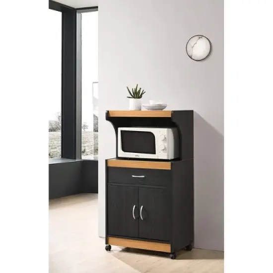 Hodedah Wheeled Kitchen Microwave Island Cart with Pull-Out Drawer and Cabinet Storage, Black-Beech image {2}