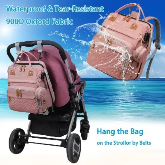 Itopfox Baby Diaper Backpack with Changing Station, Large Capacity Waterproof Diaper Bag for Parents, USB Port & Stroller Straps, Pink image {4}
