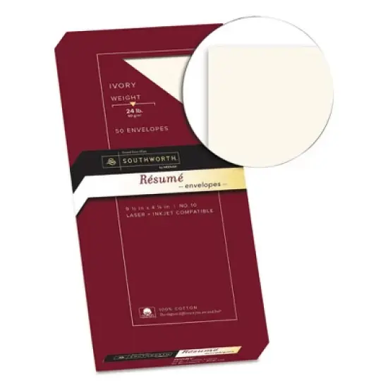 Southworth 100% Cotton Resume Envelope, #10, Commercial Flap, Gummed Closure, 4.13 x 9.5, Ivory, 50/Box image {1}