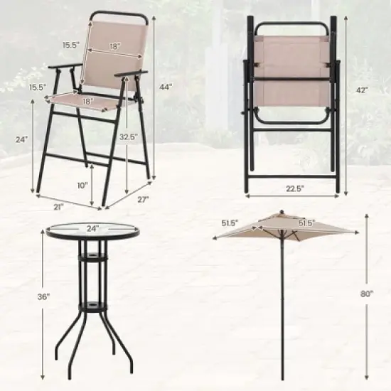 Costway 4PCS Patio Bistro Set Folding Counter Height Chairs Round Bar Table& Umbrella image {2}