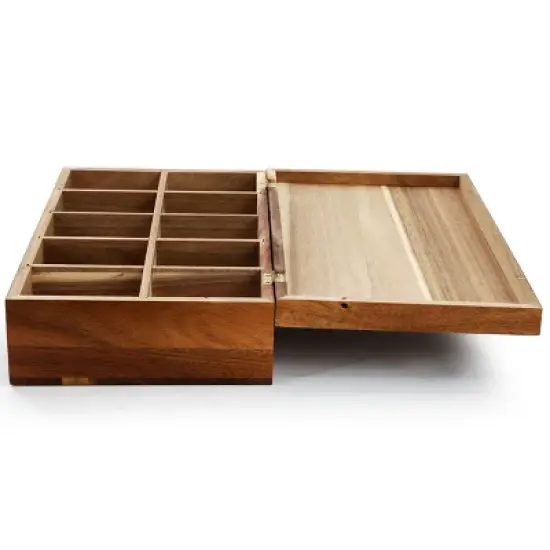 MegaChef Acacia Wood 14.25 x 7.5 Inch 10 Compartment Tea Box image {3}