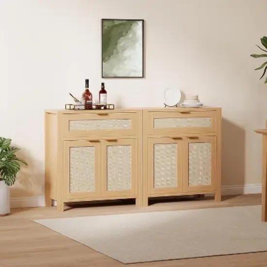 Sideboard Buffet Cabinet, Wooden Credenza Storage Cabinet with Adjustable Shelves, Drawers and Rattan Doors, Accent Buffet Console Table image {8}