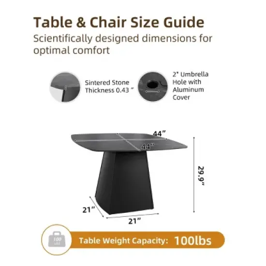 44" Outdoor Square Dining Table for 4, Modern Patio Table with Sintered Stone Top and Aluminum Frame, Ideal for Balcony or Garden &ndash; Koiai image {3}