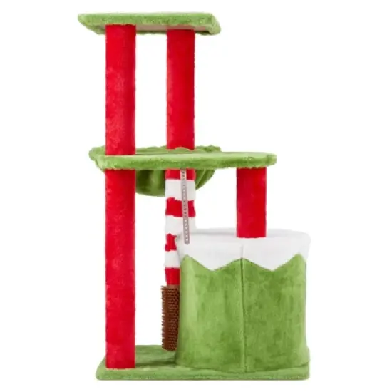 phiestina 32in Cat Scratching Posts Tower, Christmas Themed Plush Cat Tree with Hammock, Cat Massage Brush, Activity Center for Indoor Cats image {8}