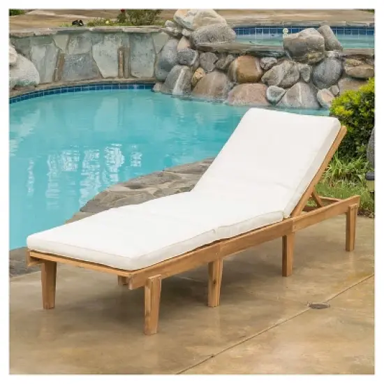 Ariana Acacia Wood Patio Chaise Lounge with Cushion -Teak Finish - Christopher Knight Home: Poolside Daybed, Adjustable Back image {1}