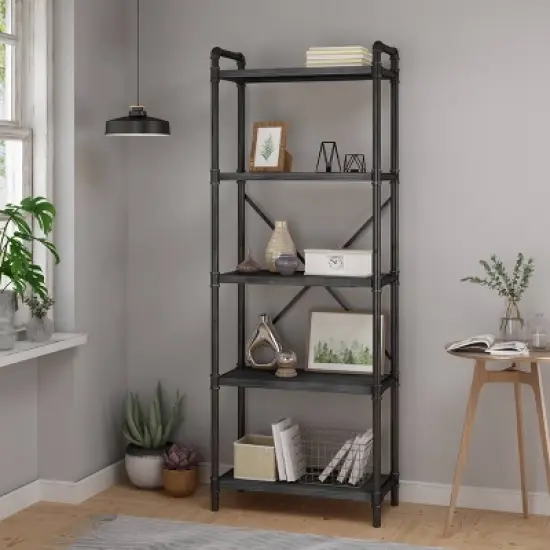 71" Driscoe Industrial 5 Shelf Firwood Bookcase Gray/Pewter - Christopher Knight Home image {1}
