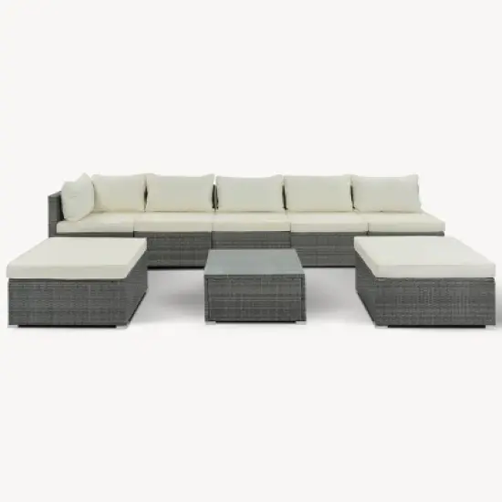 8 Pieces Outdoor Garden Furniture Sets,Wicker Patio Conversation Sets,Sectional Sofa with Tempered Glass Coffee Table and Cushions-Coolbibila image {4}