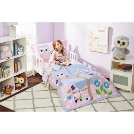 Everyday Kids 4-Piece Toddler Bedding Set - Owls Design - Soft 100% Cotton Percale Comforter, Flat Sheet, Fitted Sheet & Pillowcase image {2}