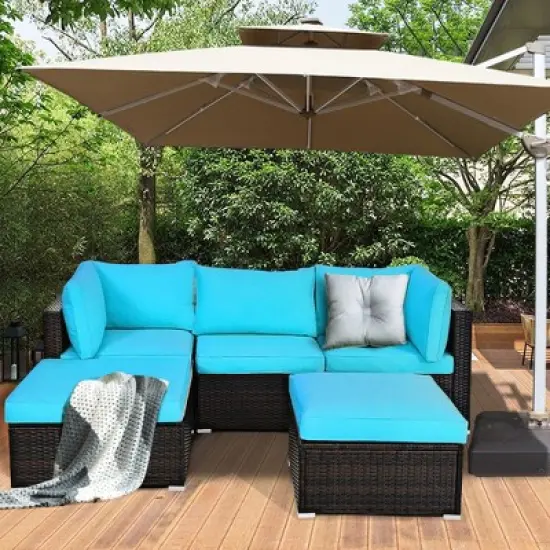 Costway 5PCS Patio Rattan Sectional Conversation Set Ottoman Turquoise image {3}