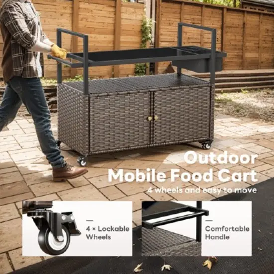 Buenhomino Patio Bar Table,Outdoor Kitchen Island with Glass Top,Rattan Patio Storage Cabinet with Wheels,Bar Cart for Poolside and Backyard image {6}