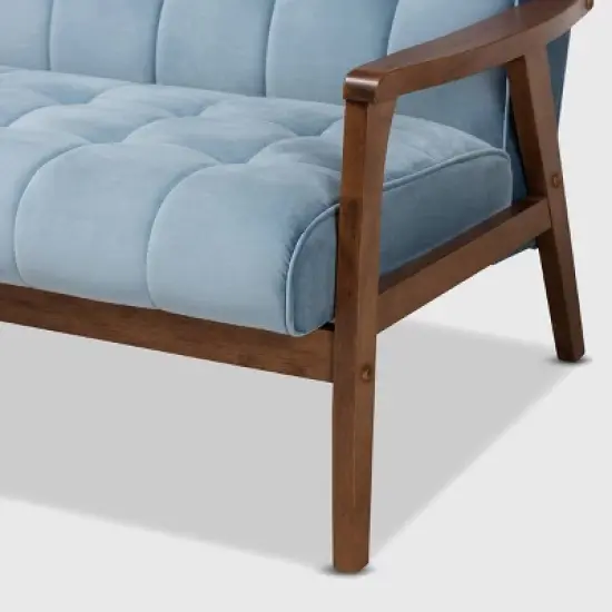 Asta Velvet Upholstered Wood Sofa Light Blue/Walnut - Baxton Studio image {5}