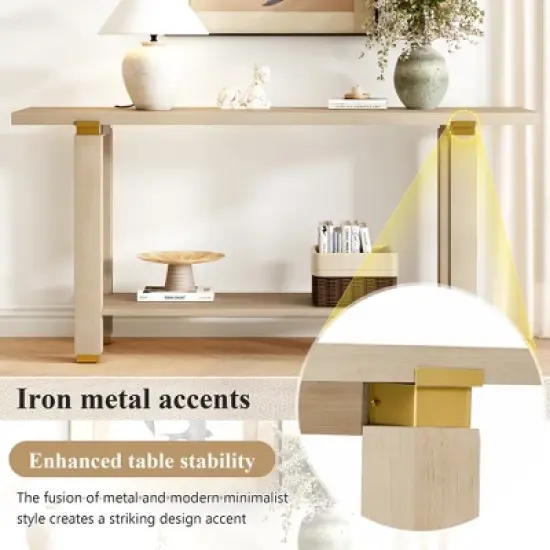 Gulches 62.9" Modern Minimalist Console Table - Solid Wood, Metal Accents, Built-in Shelf, 3 Colors, for Living Room image {7}