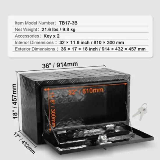 VEVOR Underbody Truck Box, 36" x 17" x 18" Pickup Storage Box, Heavy Duty Aluminum Diamond Plate Tool Box with Lock and Keys image {7}