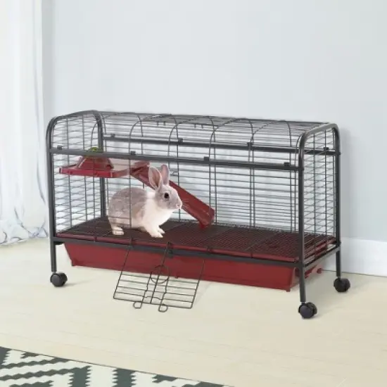 Resenkos 41"L Small Animal Cage, Pet Play House for Rabbit Hutch Ferret with Feeder, Rolling Wheels, Platform, Ramp Red and Black image {1}