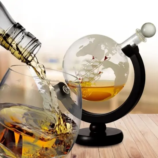 Berkware Globe Etched Whiskey Decanter Set with Interior Hand-Crafted Glass Ship - 28oz with 2 10oz Globe Glasses image {4}