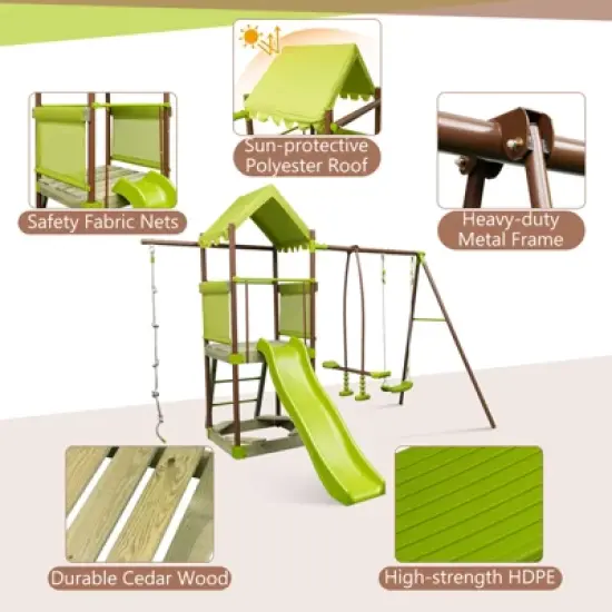 Infans 7-in-1 Swing Set with Covered Fort Height Adjustable Swing Climbing Rope Sandbox image {8}