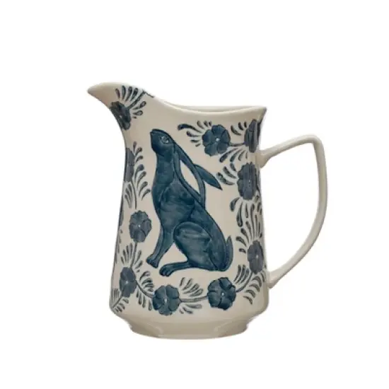 Storied Home Stoneware Pitcher with Painted Rabbit and Florals, Blue and Cream image {2}