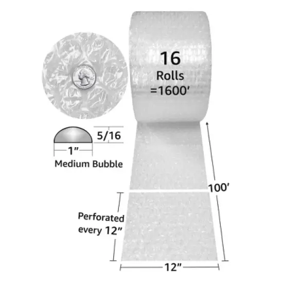 UOFFICE Medium Bubble Cushioning Wrap - 1600' Long x 12" Wide - with 5/16" Bubbles image {1}