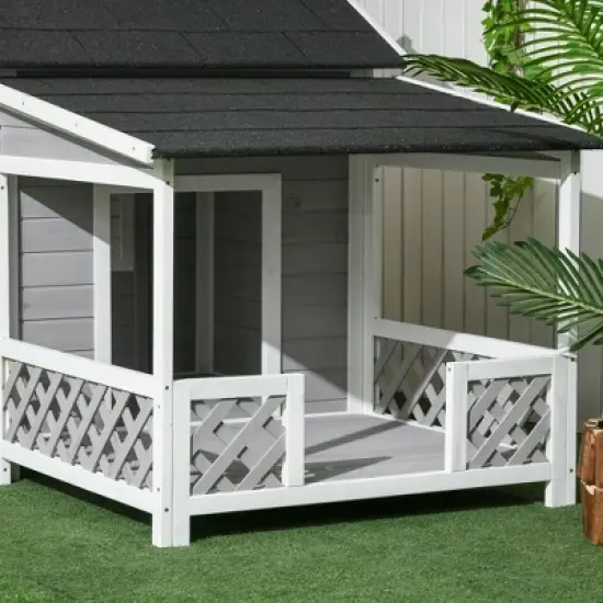 PawHut Wooden Dog House Outdoor with Porch, Raised Dog Shelter with Asphalt Roof, Doors and Shutter Window, for Medium Large Sized Dog, Light Gray image {4}