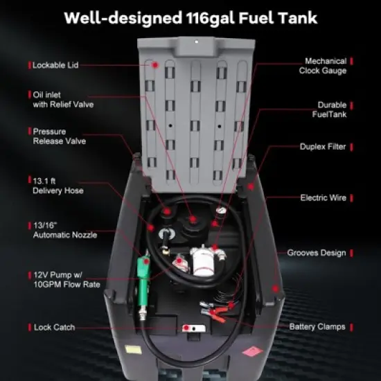 Portable Fuel Tank - 116 Gallon with 12V Electric Transfer Pump (10.6 GPM), Auto Shut-Off Nozzle, 360&deg; Swivel Hose for Truck/Tractor/Farm/Marine image {5}