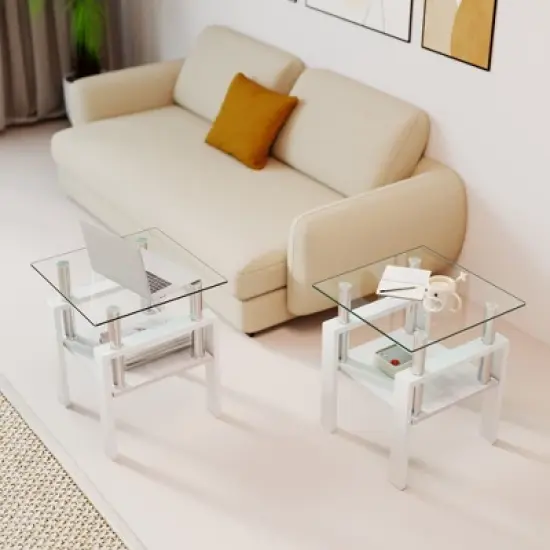 KWPZQEB Set of 2 Modern Tempered Glass Tea Table with Metal Frame and Storage Shelves, Modern Coffee Table, End Table for Living Room, Balcony image {13}
