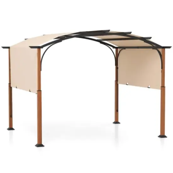 Costway 10 x 12 FT Outdoor Retractable Pergola with Retractable Canopy Wood Looking Posts Beige/Gray image {10}
