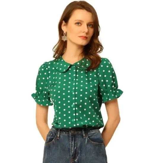 Allegra K Women's Elegant Puff Sleeve Polka Dots Peter Pan Collar Vintage Shirt Top image {7}