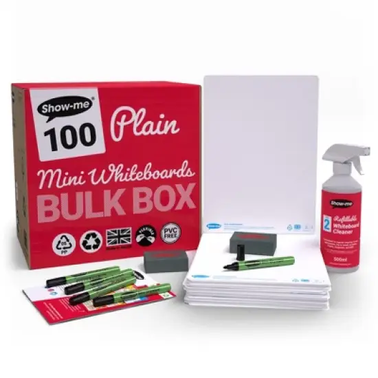 Show-me&reg; Bulk Box of 100 x A4 Plain/Plain Whiteboards, with Pens, Erasers, Cleaner image {7}