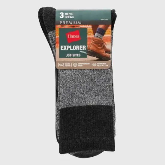 Hanes Premium Men's Explorer Job Sites Crew Socks 3pk - Gray/Black 6-12 image {2}
