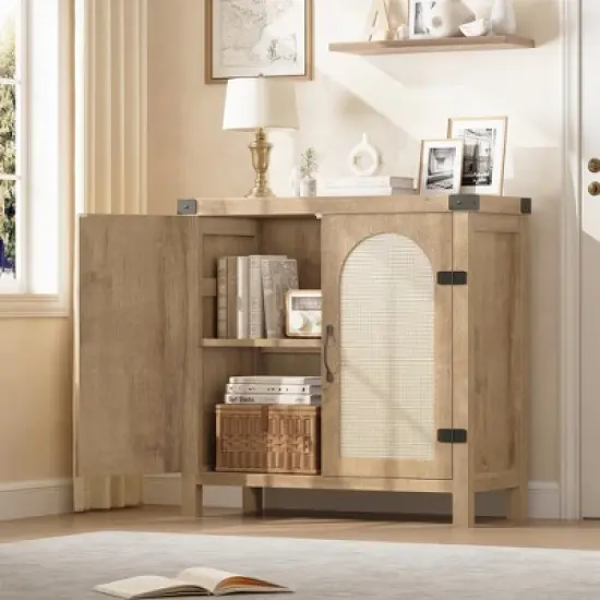 Garvee Rattan Sideboard Buffet Cabinets with Storage, Kitchen Accent Storage Cabinet, Boho Wooden Coffee Bar Cabinet for Dining Room, Living Room image {7}