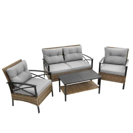FIONECA 4-Piece Patio Sectional Low Dining Sofa Set, Rattan Wicker Outdoor Corner Conversation Set with Cushions image {7}