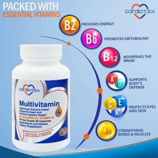 Cardiotabs Multivitamin - Packed with Methylated B Vitamin Complex & Vitamins A, C, E, K + 2000 IU Vitamin D3 - 60 Capsules per Bottle, 60 Day Supply image {3}
