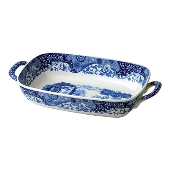 Spode Blue Italian Handled Serving Dish - 11.5" x 8" Porcelain Tableware with Heritage Scroll Border & Scenic Countryside Artwork image {7}