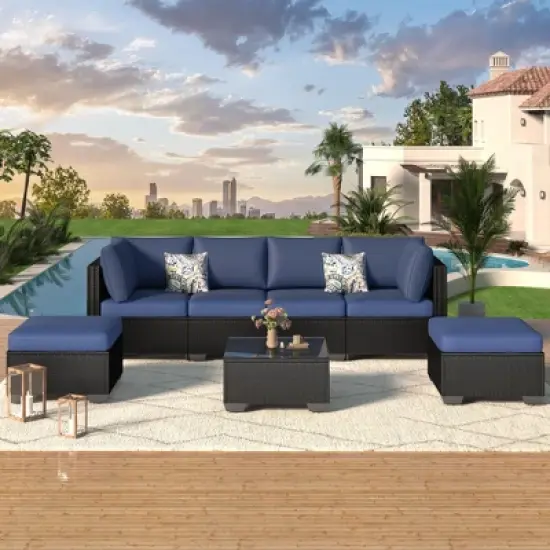 Rbied 7-Piece Wicker Outdoor Sofa Sectional Set Conversation Sets with Cushions and Footstool image {1}