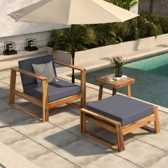 FIONECA U_STYLE Acacia Wood Outdoor Lounge Set, Chair & Ottoman with Blue Removable Cushions, All-Weather Patio/Deck/Daybed image {13}