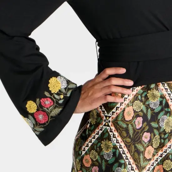 Latino Heritage Month Women's Long Sleeve V-Neck Knit Wrap Top - Black Floral image {3}