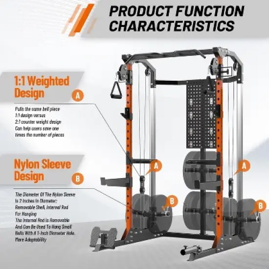 Power Cage, Multi Function 2000LB Squat Rack with Dual Pulley Cable Crossover System, Free Weight Home Equipment with Bench and Attachment Orange image {5}